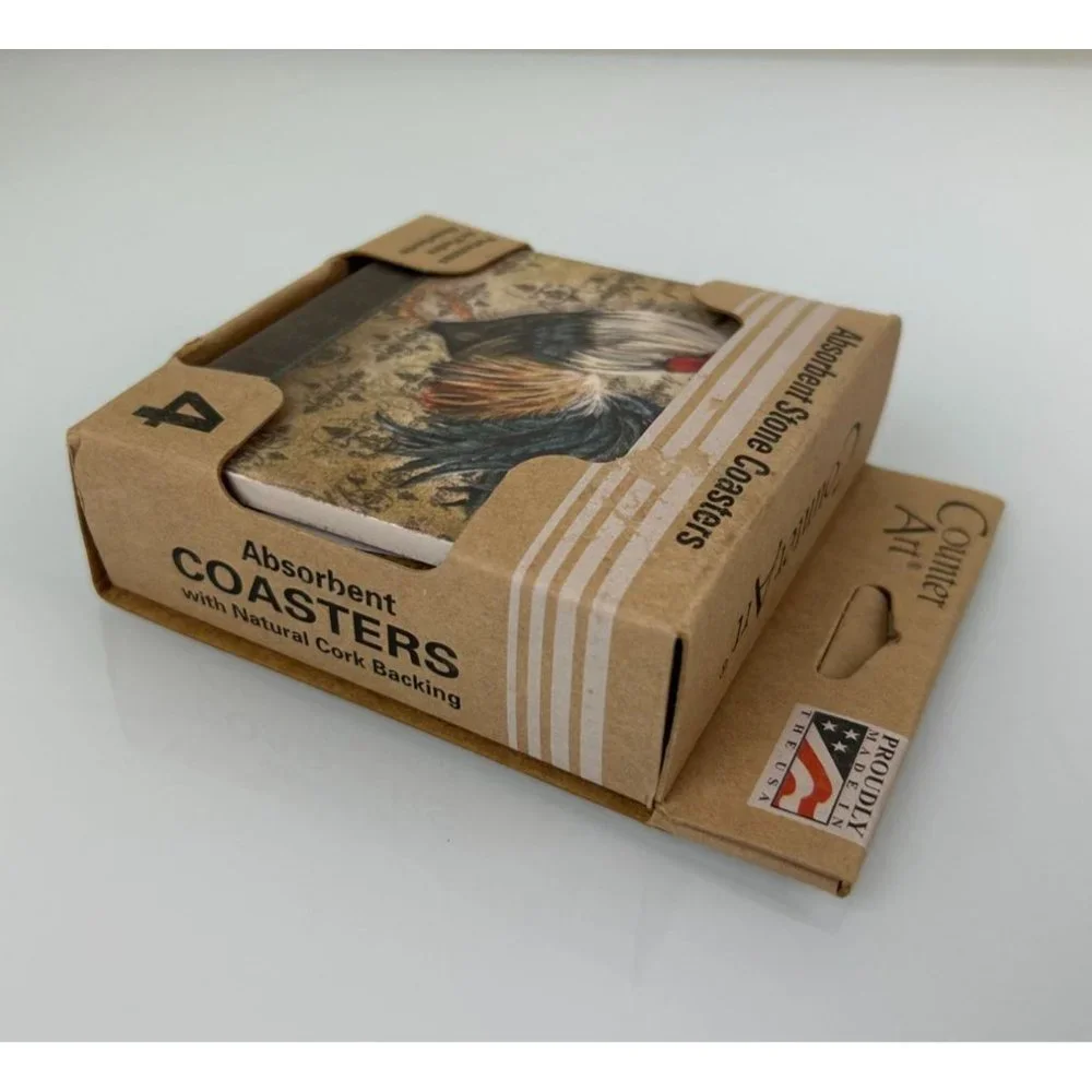 NEW Counter Art Rooster Stone Coasters, Absorbent Cork Backed Farmhouse Gift